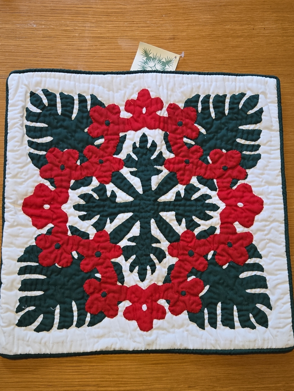 Handmade Floral Hawaiian Quilt Square - Red & Dark Green on White